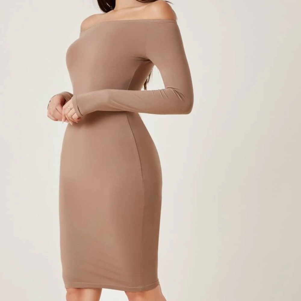 Tan off the shoulder bodycon dress
